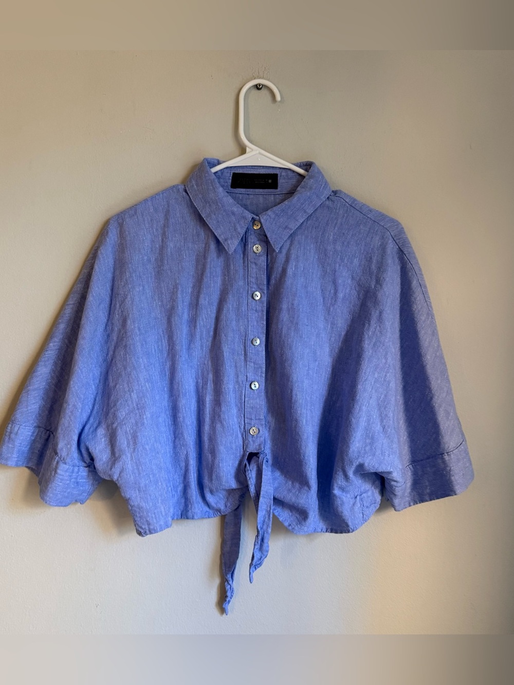 Zara Tie-Front Button Down Shirt Size L Light Blue Linen Excellent